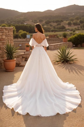 Off The Shoulder Ivory Court Train Bridal Dress With Appliques